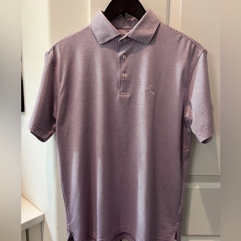 Rhoback Big Easy lavender and white stripe performance polo.  Size small.